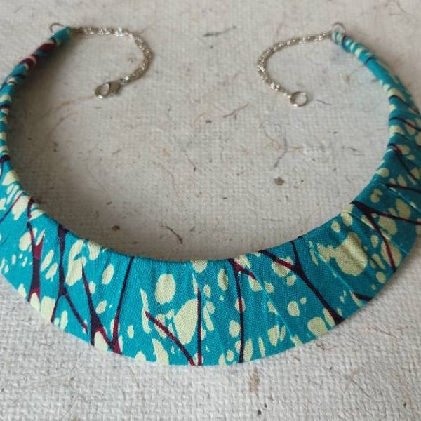 Collier en Tissus Africain Wax Plastron Ethnique Ras du Cou -Turquoise Prune