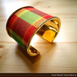 Cuff bangle bracelet in traditional Madras fabric from the Antilles - in red, yellow & green tones