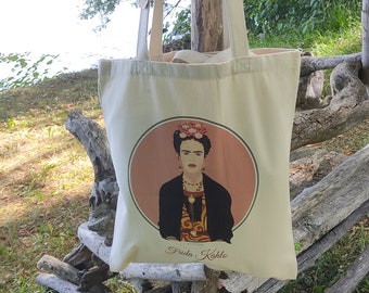 Illustrated Totebag "Frida Kahlo" Salmon by La Touch'Turkoiz - 100% Cotton Made in France