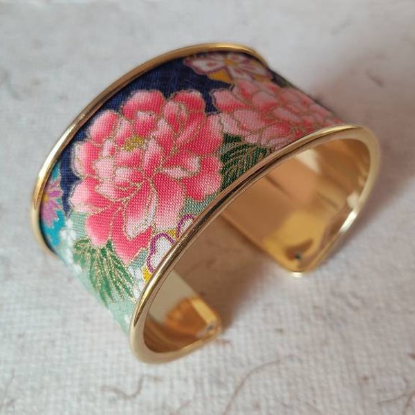 Bracelet Jonc Manchette en tissus Japonais - fleurs du Japon