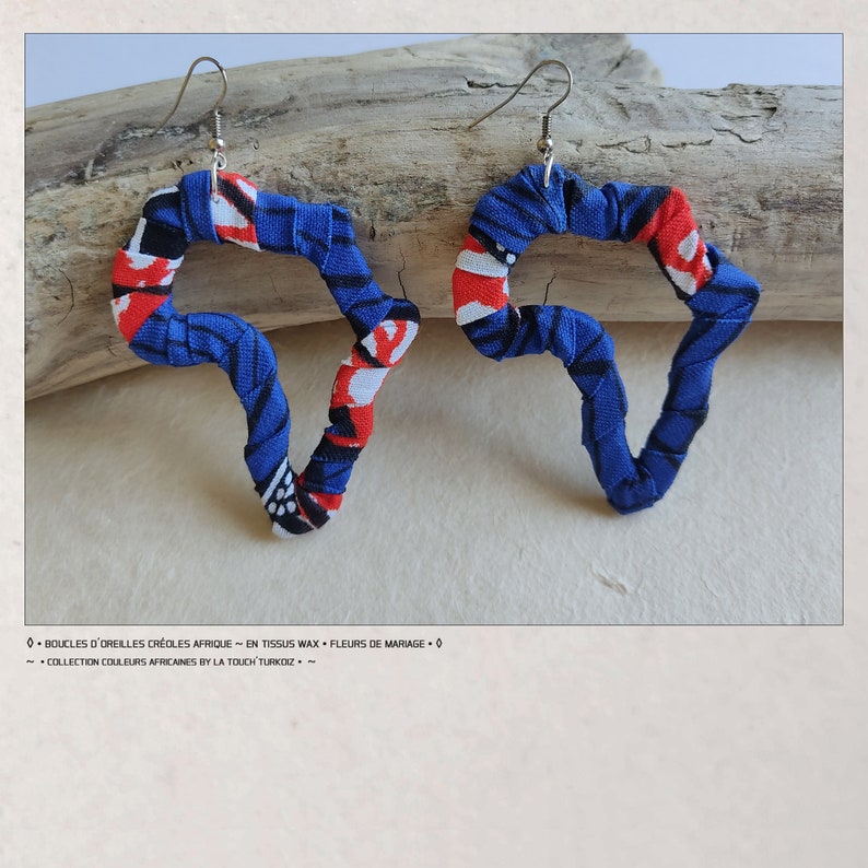 Boucles d'oreilles Afrique en Tissus africain WAX aux motifs fleurs de mariage bleu et rouge image 2