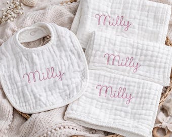 Monogrammed Embroidered Muslin Burp Cloth Set of 3 Personalized Burp Cloth Bib Baby Shower Gift Unisex Gift