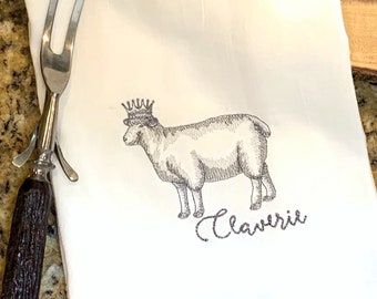 Sheep in Crown Kitchen Dish Cloth Tea Towel; Farmhouse Personalized Monogrammed Custom Flour Sack Shower Hostess Country Farm Ewe Decor Gift