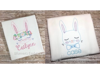Easter Bunny Matching Personalized Rabbit Bodysuit, T Shirt, Bib, Burp Cloth; Girls Boys Kids Sibling Monogram Embroidered Sketch Font