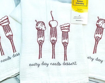 Personalized Embroidered Bar Kitchen Utensils Dessert Forks Dish Cloth Towel, 'Every Day Needs Dessert' Monogrammed Hostess Gift Fruit