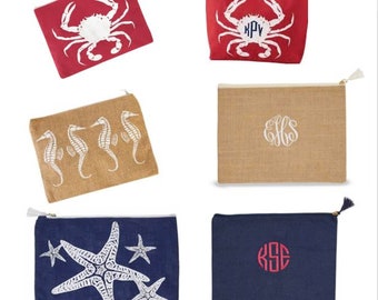 Monogrammed Nautical Tote Case; Ladies Mud Pie Personalized Custom Monogram Beach Jute Bag Whale Crab Seahorse Starfish Personalized Gift