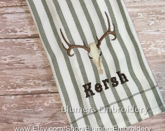 Deer Antlers Scull Monogrammed Dish Cloth Towel, Personalized Kitchen Bamboo; Hunter Hostess Camp Gift Monogram Kitchen Gift Tea Towel