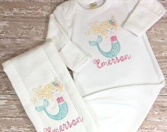 Mermaid Personalized Bodysuit, T Shirt, Bib, Burp Cloth, Gown; Monogrammed Girls Baby Infant Monogram Embroidered Vintage Sketch Sea Fish