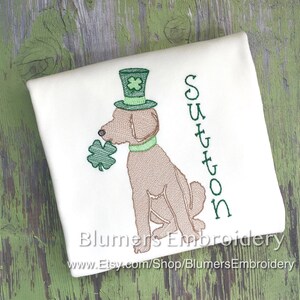 Personalized St Patrick Day Shirt Puppy Saint Pat Shamrock Shirt Sketch Embroidered Monogrammed Boys T Shirt Bodysuit Monogram Lab Dog Pup