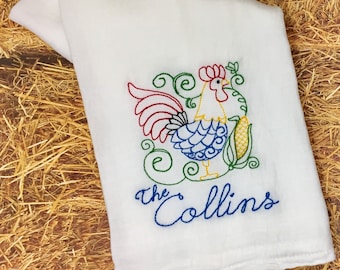 Rooster Kitchen Dish Cloth Towel - Monogrammed Personalized Custom Chicken Flour Sack Tea Towel - Wedding Shower Hostess Gift Monogram Farm