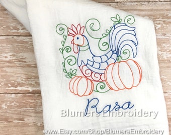 Rooster Pumpkins Monogrammed Fall Kitchen Dish Cloth Towel - Personalized Custom Flour Sack Tea Towel - Wedding Hostess Gift Monogram Farm
