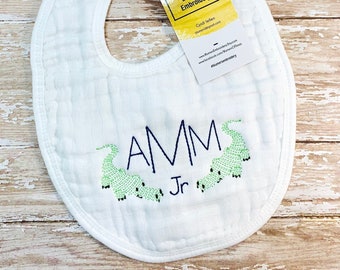 Personalized Alligator Monogram Baby Outfit, Muslin Bibs, Burp Cloths & Sets; Monogrammed Sketch Stitch Baby Shower Gift Embroidered Animals