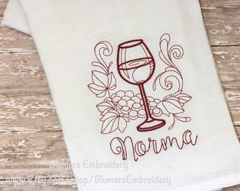 Personalized Wine Glass Kitchen Dish Cloth Towel / Monogrammed Custom Embroidered Flour Sack Tea Towel / Wedding Hostess Monogram Wine Gift