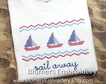 Sailboat Personalized Smocked Look Sailing T Shirt/Bodysuit/Romper; Sailboat Nautical Kids Monogrammed Custom Embroidered Summer Faux Smock