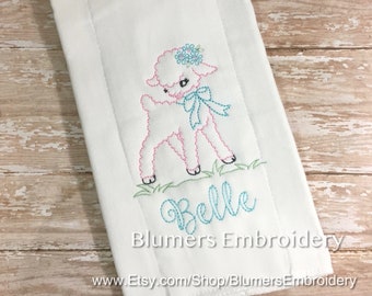 Monogrammed Lamb Burp Cloth For Baby Girl, Custom Personalized Infant Girl Sketch Bib Bodysuit Gown Monogram Name Diaper Burp Shower Gift