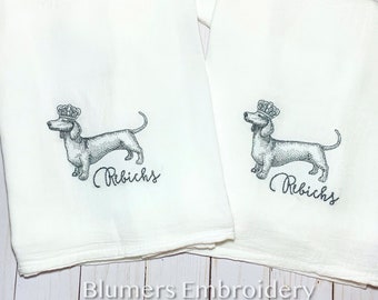 Personalized Dachshund in Crown Kitchen Dish Cloth Tea Towel; Weiner Dog Doxie Monogrammed Custom Flour Sack; Shower Hostess Dog Lover Gift