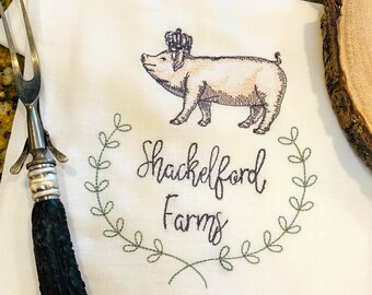 Pig in Crown Kitchen Dish Cloth Tea Towel; Farmhouse Personalized Monogrammed Custom Flour Sack; Shower Hostess Country Farm Decor Gift