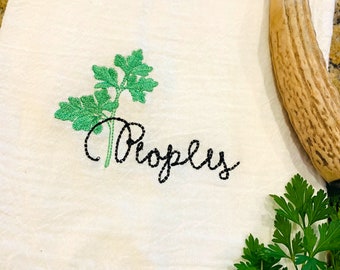 Personalized Herb Kitchen Dish Towel Cloth; Parsley Tarragon Monogrammed Custom Embroidered Flour Sack Tea Towel, Wedding Hostess Herb Gift