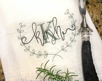 Personalized Laurel Initial Kitchen Dish Cloth Towel; Monogrammed Custom Embroidered Flour Sack Tea Towel, Wedding Hostess Herb Gift