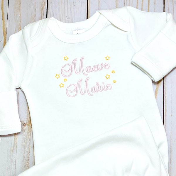 Monogrammed Stars Baby Gown; Coming Home Outfit; Personalized Baby Gown; Twinkle Little Star Bring Baby Girl Home; Newborn Sleeper Gift