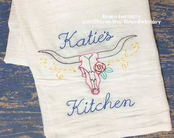 Monogrammed Western Longhorn Cow Skull Kitchen Dish Cloth Towel - Personalized Custom Flour Sack Tea Towel - Wedding Hostess Gift Monogram