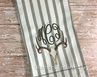 Deer Antlers Scull Monogrammed  Kitchen Dish Cloth Towel Hunter Personalized Bamboo Hunter Hostess Camp Gift Monogram Kitchen Gift Tea Towel