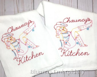 Monogrammed Western Cowgirl Kitchen Dish Cloth Towel SET OF TWO; Personalized Custom Flour Sack Tea Towel; Hostess Gift Monogram Sexy Vegas