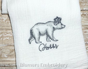 Bear in Crown Kitchen Dish Cloth Tea Towel; Mountain Cabin Personalized Monogrammed Farm Flour Sack; Shower Hostess Country Farm Decor Gift