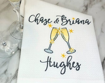 Personalized Champagne Glasses Kitchen Dish Cloth Towel, Monogrammed Toasting Wedding New Years Cheers Hostess Monogram Custom Kitchen Gift