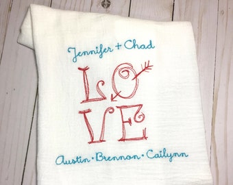 Valentines Day Love Heart Monogrammed Kitchen Dish Cloth Towel; Personalized Embroidered Flour Sack Tea Towel; Hostess Monogram Gift