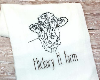 Personalized Cow Farm Animal Country Kitchen Flour Sack Dish Cloth Towel; Monogrammed Custom Tea Towel; Hereford Bull Ranch Gift Monogram