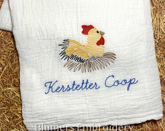 Monogrammed Chicken Hen Kitchen Dish Cloth Towel - Personalized Custom Flour Sack Tea Towel - Wedding Shower Hostess Gift Monogram Chef Farm