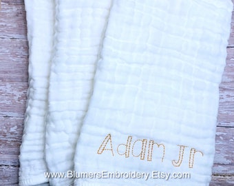 Monogrammed Muslin Burp Cloth Set of 3; Personalized Burp Cloth; Personalized Baby Shower Gift; Embroidered Muslin Burp Cloth Unisex Gift