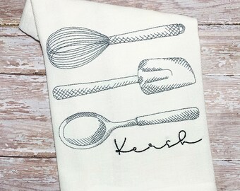 Personalized Embroidered Bar Kitchen Cooking Baking Utensils Dish Cloth Towel, Whisk Spatula Monogrammed Hostess Gift Wedding Gift Monogram