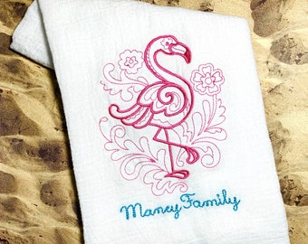 Personalized Flamingo Sea Life Kitchen Dish Cloth Towel; Shell Crab Seahorse Pelican Beach House Decor Monogrammed Flour Sack Tea Towel Gift