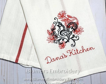 Personalized Kitchen Rooster Farm Vintage Dish Cloth Towel; Monogrammed Embroidered Flour Sack Tea Towel; Wedding Hostess Country Gift