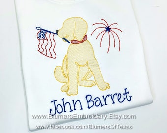 4th July Patriotic Dog Monogrammed Bodysuit, T Shirt, Romper Girls Boys Labradoodle Pup Monogram Personalized Custom Embroidered Fourth Flag