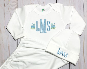 Baby Coming Home Monogrammed Train Outfit - Personalized Infant Gown/Bodysuit; Bring Baby Home Outfit; Newborn Sleeper; Custom Boy Girl Gift