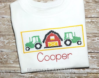 Tractor Barn Farm Personalized T Shirt/Bodysuit/Romper; Farmer Kids Smocked Monogrammed Custom Embroidered John Deere Faux Smock Shirt