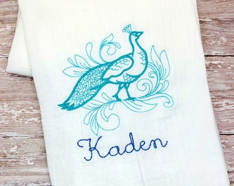 Monogrammed Peacock Kitchen Dish Cloth Towel / Personalized Custom Flour Sack Tea Towel Wedding Shower Gift Monogram Hen Farm Bird Birdhouse