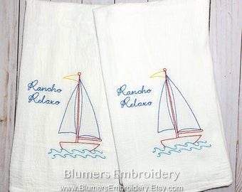 Personalized Sailboat Kitchen Dish Cloth Towel SET of 2, Nautical Boat Monogrammed Flour Sack Tea Towel Wedding Shower Lake Beach Sea Gift