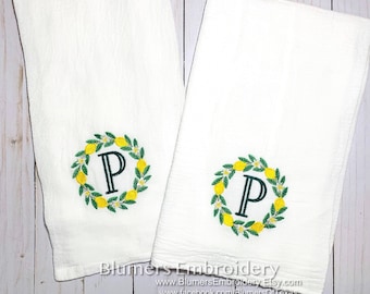 Personalized Lemon Wreath Kitchen Dish Cloth Towel; Monogrammed Custom Embroidered Flour Sack Tea Towel, Wedding Hostess Herb Gift Monogram