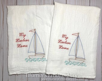 Monogrammed Sailboat Kitchen Dish Cloth Towel SET of 2, Nautical Boat Personalized Flour Sack Tea Towel Wedding Shower Lake Beach Sea Gift