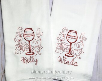 Personalized Wine Glass Kitchen Dish Cloth Towel / Monogrammed Custom Embroidered Flour Sack Tea Towel / Wedding Hostess Monogram Wine Gift