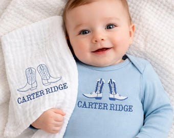 Personalized Baby Boy Cowboy Boots Blue Embroidered Bodysuit, Muslin Bib, Burp Cloth Set Monogrammed Baby Western Outfit Baby Shower Gift