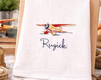 Personalized Embroidered Airplane Dish Towel Pilot Flour Sack Monogram Gift Waffle Bar Towel Single Engine Flight Gift