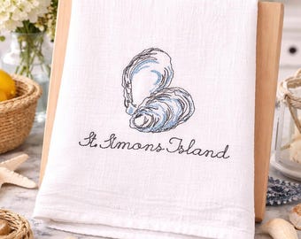 Personalized Embroidered Oyster Shell Kitchen Towel Coastal Beach Nautical Dish Cloth Bar Hostess Seashell Waffle Flour Sack Monogram Gift