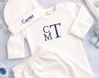 Vestido de bebé bordado con monograma, conjunto para la salida del hospital, vestido de bebé personalizado, conjunto para llevar a casa a la niña o al niño, vestido de recién nacido, regalo para baby shower