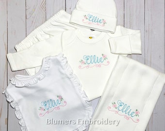 Monogrammed Baby Girl Coming Home Outfit Layette Gift Set; Personalized Rose Font Gown/Cap/Bib/Burp Cloth; Bring Baby Home; Newborn Sleeper