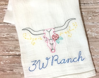 Western Longhorn Cow Skull Monogrammed Kitchen Dish Cloth Towel - Personalized Bull Flour Sack Tea Towel - Wedding Hostess Gift Monogram